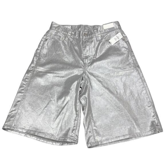 Gap Women's 11.5" Mid Rise Metallic Longline Denim Shorts In Silver Size 25 - Picture 2 of 6